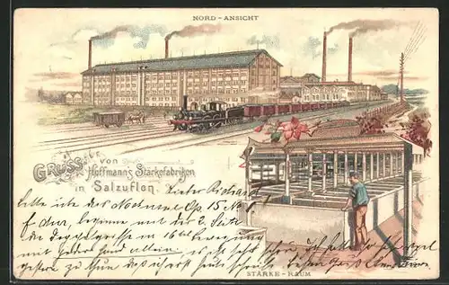 Lithographie Bad Salzuflen, Hoffmann's Stärkefabriken, Nord-Ansicht, Fabrikarbeiter bei der Arbeit
