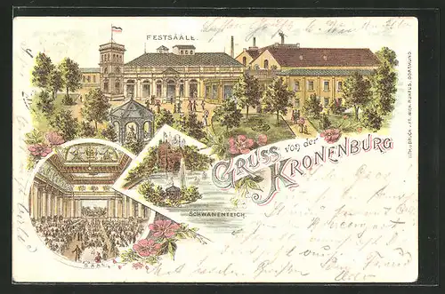 Lithographie Dortmund, Gasthaus Kronenburg mit Saal und Schwanenteich
