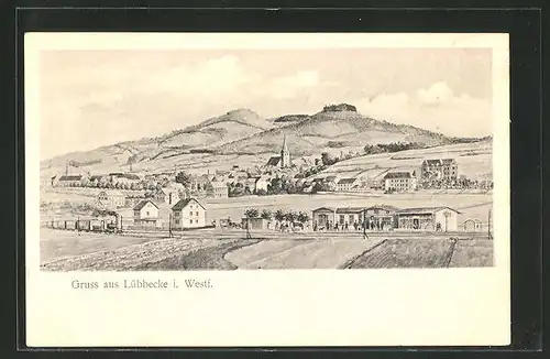 AK Lübbecke i. W., Panorama mit Bahnhof