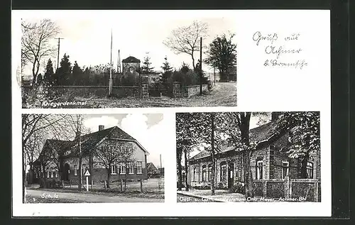 AK Achmer, Kriegerdenkmal, Schule, Gasthaus Otto Meyer