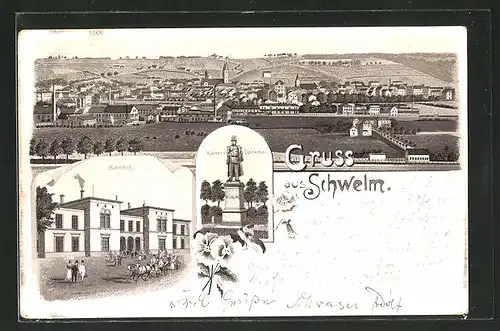 Lithographie Schwelm, Bahnhof, Ortspanorama, Kaiserdenkmal