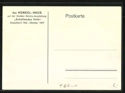 Künstler-AK Düsseldorf, das Henkel-Haus auf der Grossen Reichs-Ausstellung "Schaffendes Volk" 1937