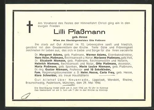 AK Küntrop, Lilli Plassmann Witwe des Oberbürgermeisters Otto Plassmann gestorben 1946