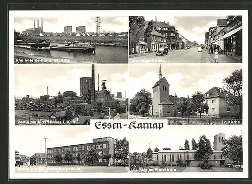 AK Essen-Karnap, Rhein-Herne-Kanal mit RWE, Kohle-Zeche Mathias Stinnes I, II, V, Karnaper Strasse, Ev. Kirche
