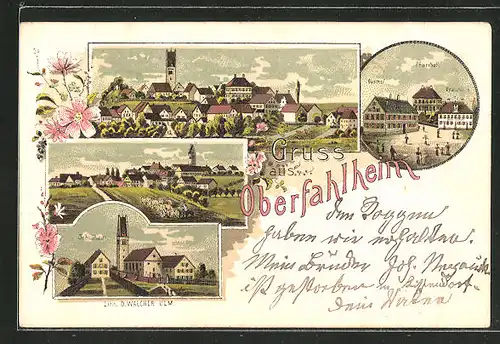 Lithographie Oberfahlheim, Totalansicht, Pfarrhof, Brauhaus, Gasthaus