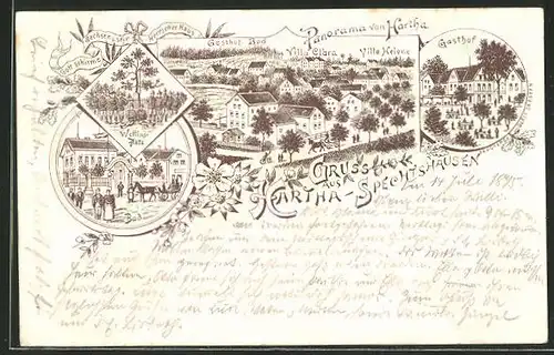 Vorläufer-Lithographie Hartha-Spechtshausen, 1895, Panorama mit Gasthof Bad, Villa Clara und Villa Helene