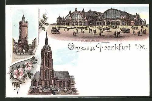 Lithographie Frankfurt, Centralbahnhof, Eschenheimer Thurm