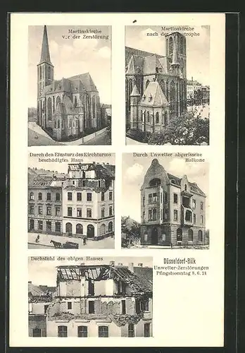 AK Düsseldorf-Bilk, Unwetter-Terstörungen 1924, Martinskirche, Haus durch Kirchturm beschädigt, abgerissene Balkone