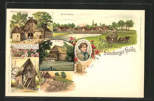 Lithographie Hermannsburg, Bauernhaus, alter Speicher, Mühle