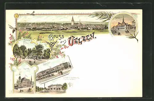 Lithographie Uelzen, Fischerhof, kaiserl. postamt, Bahnhof, Rathaus