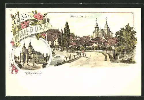 Lithographie Walldürn, Panoramablick vom See aus & Wallfahrtskirche
