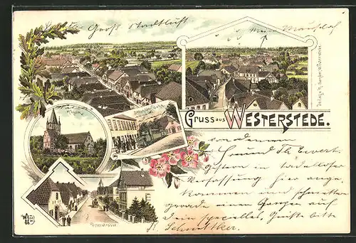 Lithographie Westerstede, Ortsansicht mit Peterstrasse, Turm und Secundär-Bahn