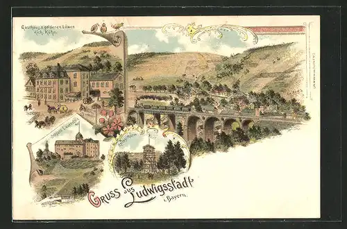 Lithographie Ludwigsstadt i. Bayern, Panorama, Gasthaus z. goldenen Löwen & Schloss Lauenstein