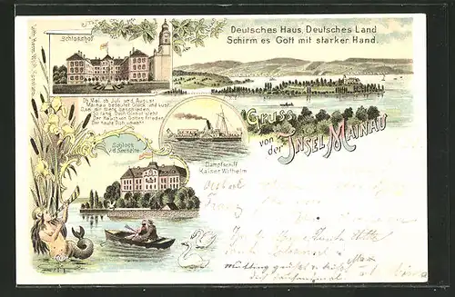 Lithographie Insel Mainau, Ortsansicht, Schlosshof, Sicht v. d. Seeseite, Dampfschiff Kaiser Wilhelm