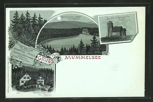 Mondschein-Lithographie Seebach, Mummelsee, Wolfsbrunnen, Signalturm Hornisgrinde