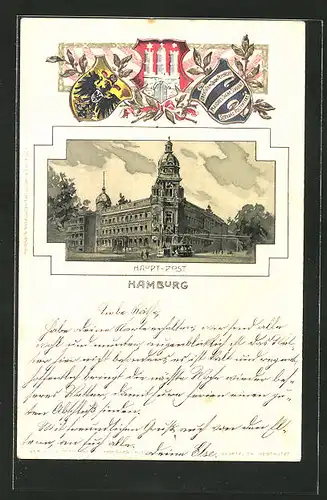 Passepartout-Lithographie Hamburg-Neustadt, Partie an der Hauptpost, Wappen