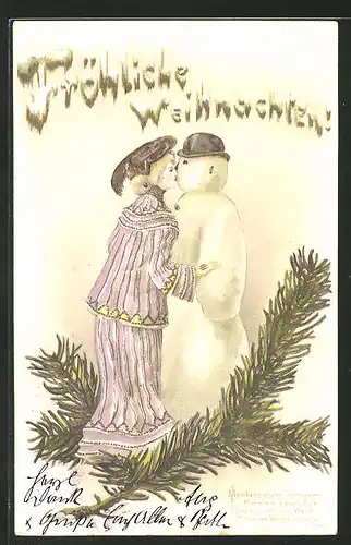 Präge-AK Fröhliche Weihnachten, Frau küsst Schneemann