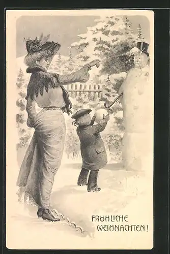 AK Fröhliche Weihnachten, junge Dame wirft Schneeball auf Schneemann