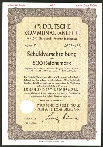 Deutsche Kommunal-Anleihe, Schuldverschreibung über 500 Reichsmark, Berlin 1941, Ornamente
