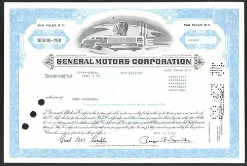 Aktie von General Motors Corporation, Delaware 1983, 100 Anteile, Eisenbahn, Lastwagen & Auto mit Firmenlogo