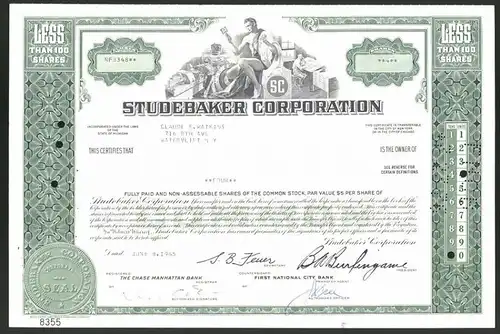 Aktie von Studebaker Corporation, 1965, 4 Anteile, Arbeiter in der Auto-Fabrik, Männerakt hält Motor-Kolben