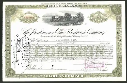 Aktie von The Baltimore and Ohio Railroad Company, Maryland 1936, 25 Anteile, frühe Eisenbahn / Kleinbahn mit Dampflok