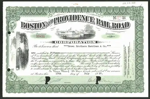 Aktie von Boston and Providence Railroad Corporation, Boston 1937, 15 Anteile, Eisenbahnbrücke & Seeblick