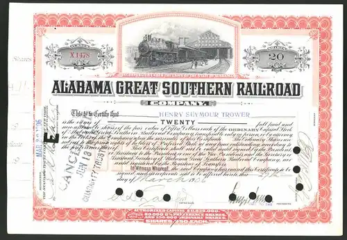 Aktie von Alabama Great Southern Railroad Company, 1906, 20 Anteile, Personenzug mit Dampflok verlässt den Bahnhof