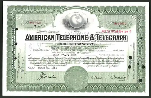 Aktie von American Telephone & Telegraph Company, 1954, 2 Anteile, Weltkugel mit Telefondrähten