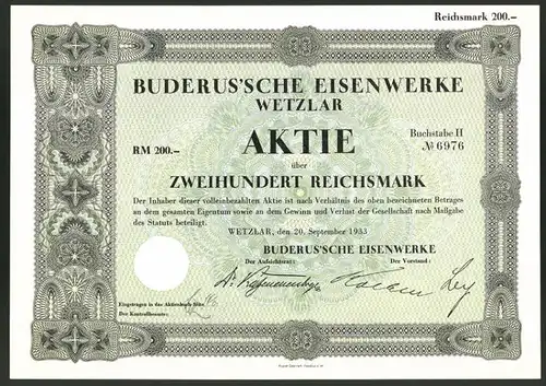 Aktie von Buderus'sche Eisenwerke Wetzlar, 1933, 200 Reichsmark, Ornamente, Banknoten-Design