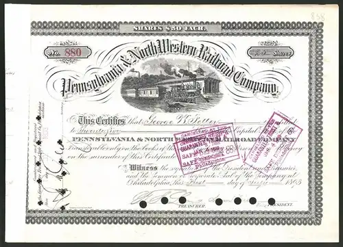 Aktie von Pennsylvania & North Western Railroad Company, Philadelphia 1893, 25 Anteile, Zug mit Dampflok im Bahnhof