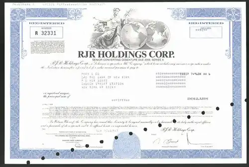 Aktie von RJR Holdings Corp., Delaware 1989, 50 US-Dollar, Dame neben Weltkugeln