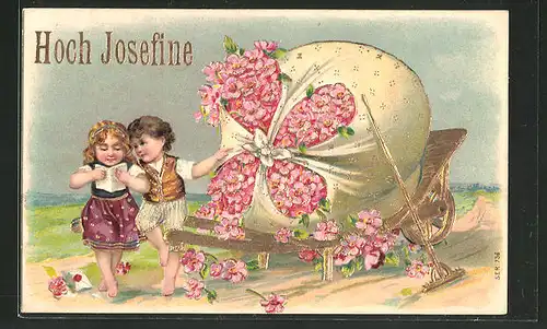 Präge-Lithographie Kinder mit einem Sack voller Blüten gratulieren zum Namenstag, "Hoch Josefine!"