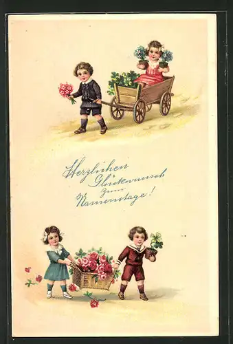 AK Mädchen in einem Karren mit Blumen wird gezogen, Junge & Mädchen tragen einen Blumenkorb, Namenstag