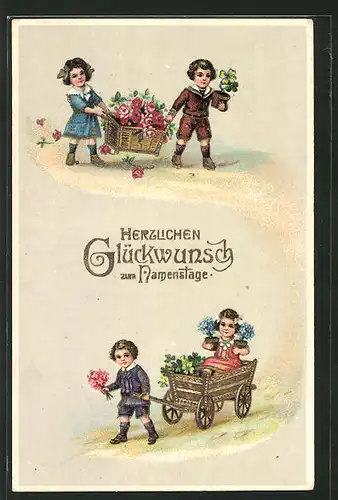 AK Junge & Mädchen tragen einen Blumenkorb, Mädchen in einem Karren mit Blumen wird gezogen, Namenstag