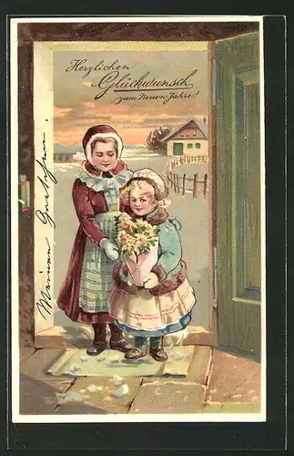 Präge-AK Mutter mit Tochter an der Tür, Blumenstrauss und Neujahrgruss