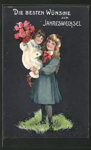 Präge-AK Neujahr, hübsche Mädchen mit Blumenstrauss und Brief