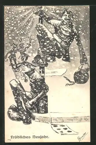 Künstler-AK "Fröhliches Neujahr", Soldaten im Schnee albern an einer Strassenlaterne herum