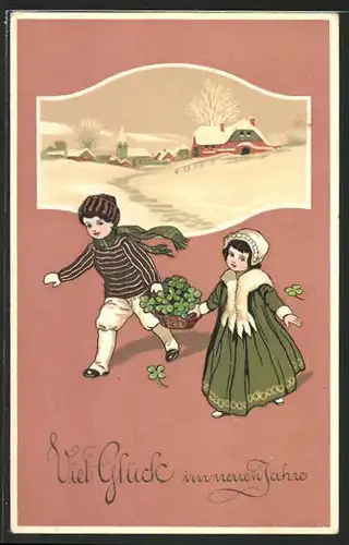 AK Kinder tragen einen mit Klee gefüllten Korb, "Viel Glück im neuen Jahre"