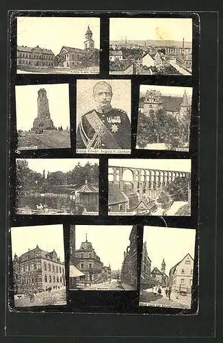 AK Netzschkau, König Friedr. August von Sachsen, Kirche & alte Schule, Panorama, Bismarckturm, Schloss, Parkpartie