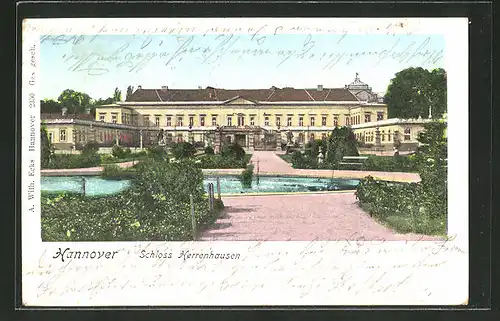 Goldfenster-AK Hannover, Schloss Herrenhausen mit leuchtenden Fenstern
