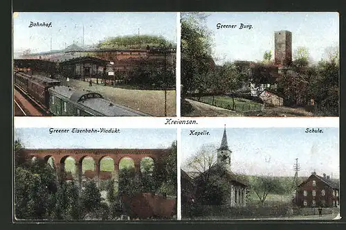 AK Kreiensen, Bahnhof, Greener Burg, Eisenbahn-Viadukt, Kapelle, Schule