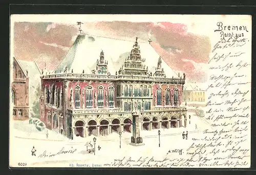 Winter-Lithographie Bremen, Motiv vom Rathaus