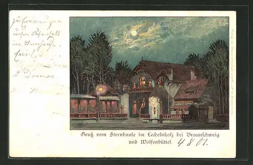 Lithographie Wolfenbüttel, Gasthaus Sternhaus im Lechelnholz bei Nacht