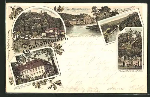 Lithographie Lichtenwalde, Schloss Lichtenwalde mit Mühle, Harrasfelsen, Harras-Eiche