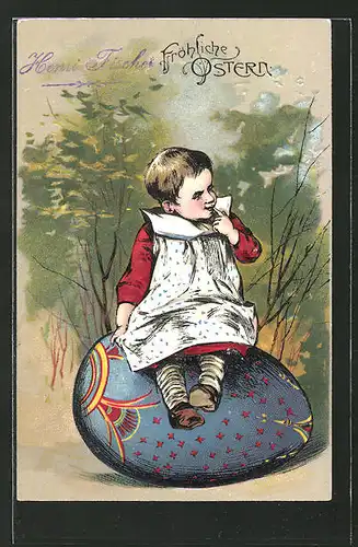 Präge-AK "Fröhliche Ostern", Kleines Mädchen sitzt auf riesigem Osterei