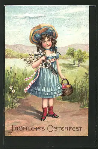 Präge-AK "Fröhliches Osterfest", Hübsches Mädchen mit Korb voller Eier und Weidenzweigen