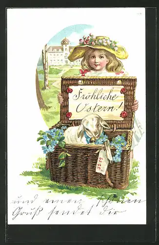 Präge-AK Fröhliche Ostern!, Mädchen und Osterlamm in einem Korb
