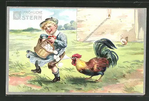 Präge-AK "Fröhliche Ostern", Junge mit Eierkorb ärgert sich über frechen Hahn