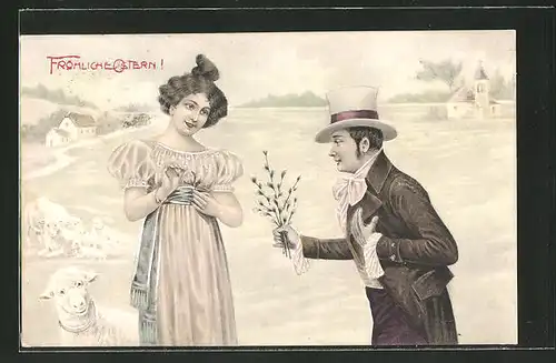 AK Mann übergibt einer Frau Weidenkätzchen, "Fröhliche Ostern!"